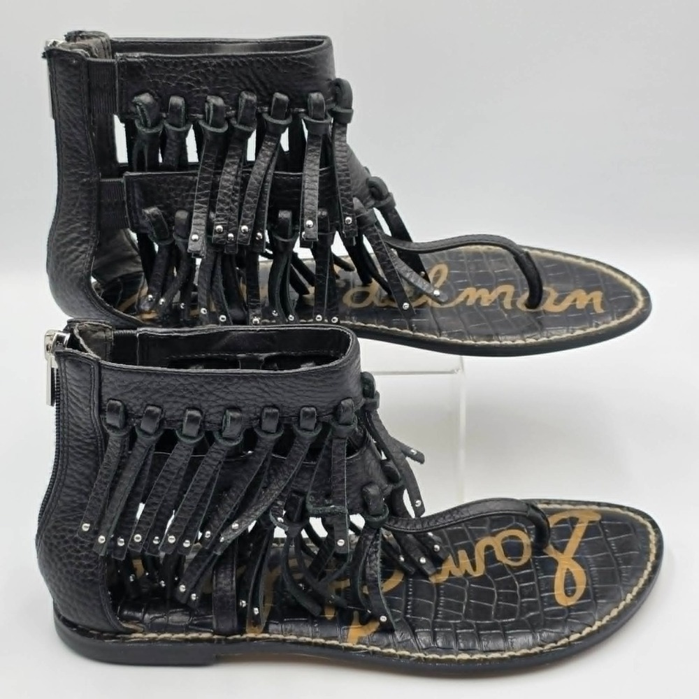 Sam Edelman Griffen Black Leather Fringe Thong Flats Back Zip Sandal Women 7.5M